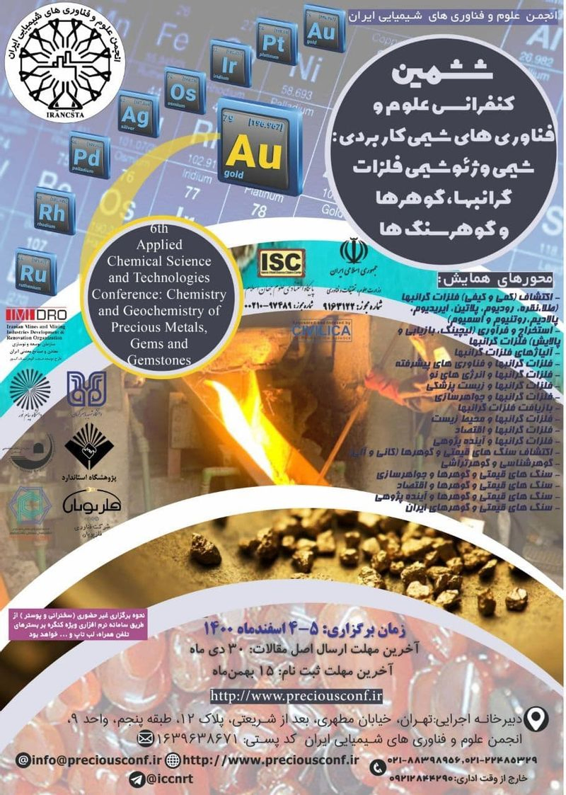 ششمین کنفرانس علوم و فناوری های شیمی کاربردی: شیمی و ژئوشیمی فلزات گرانبها، گوهرها و گوهرسنگ ها